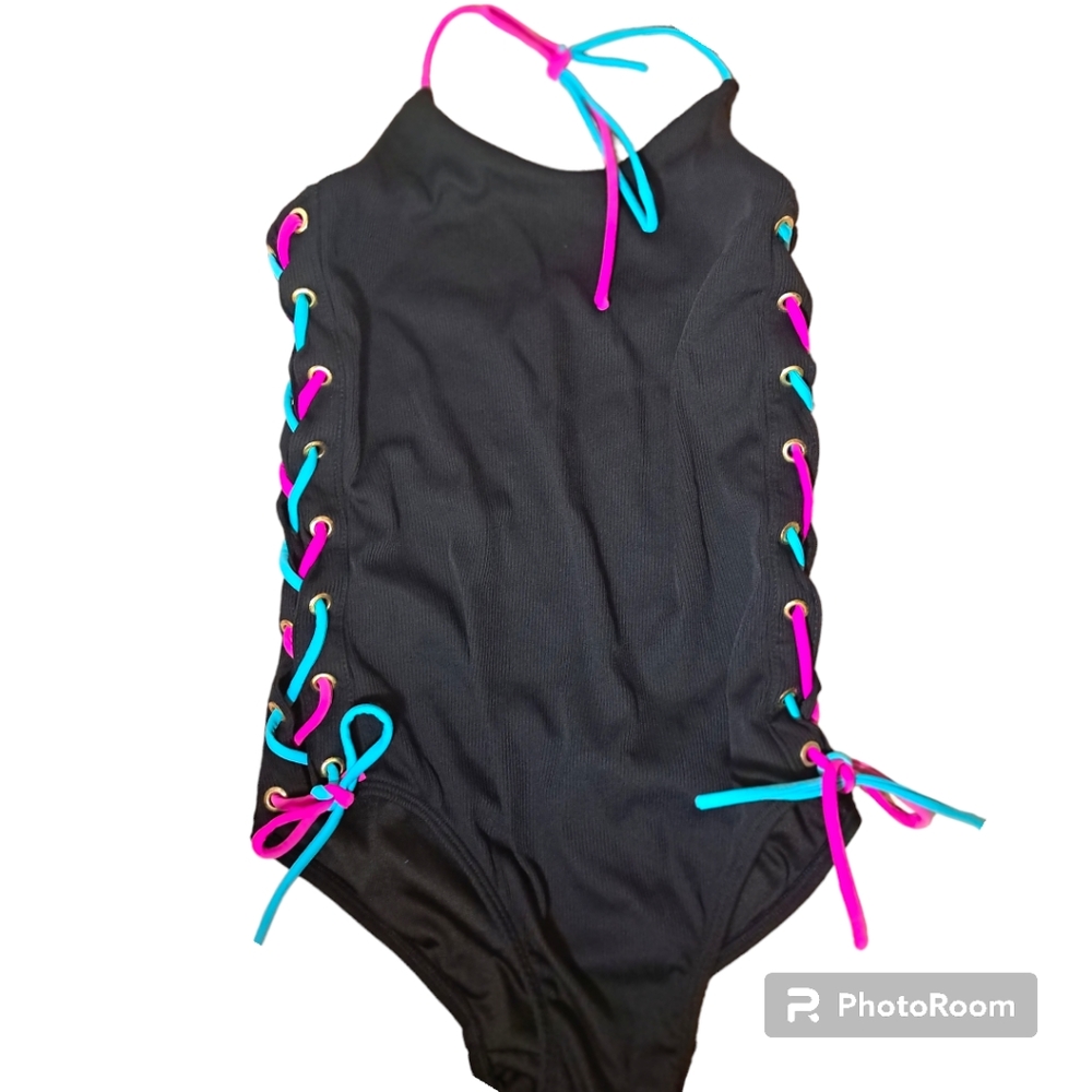 Little peixeto tween girl black swimsuit, pink & blue strings detail, size 16